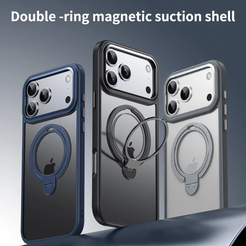 Matte Double For Magsafe 360 Ring Bracket Case For iPhone 17 16 15 14 Plus 13 12 Pro Max Alloy Strength Rotation Stand Cover