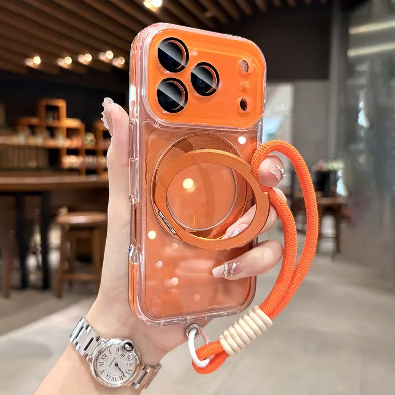 Rotating Magnetic Stand For Magsafe Clear Case For iPhone 17 16 15 14 13 Pro Max Air Wrist Strap Lanyard Wireless Charger Cover