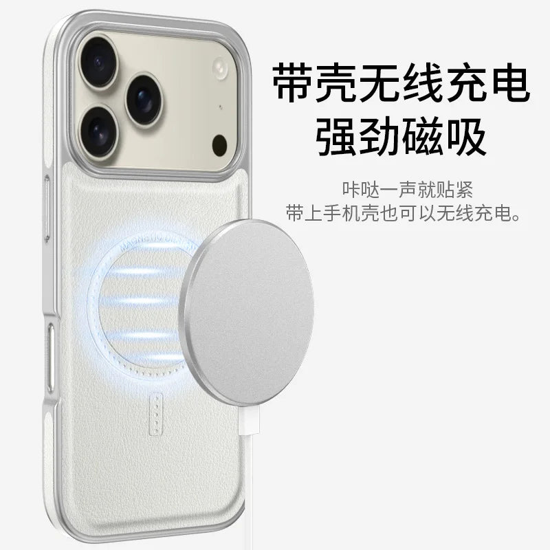 Luxury Business Electroplated Leather For Magsafe For iPhone 17 16 15 14 Pro Max Side Texture Magnetic Wireless Charging Cover