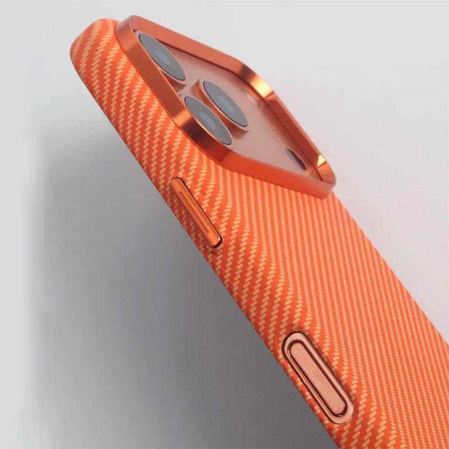 Orange Carbon Fiber Texture Alloy Lens Strong for Magsafe Phone Case for IPhone 17 Pro Max Magnetic Shockproof Hard PC Cover