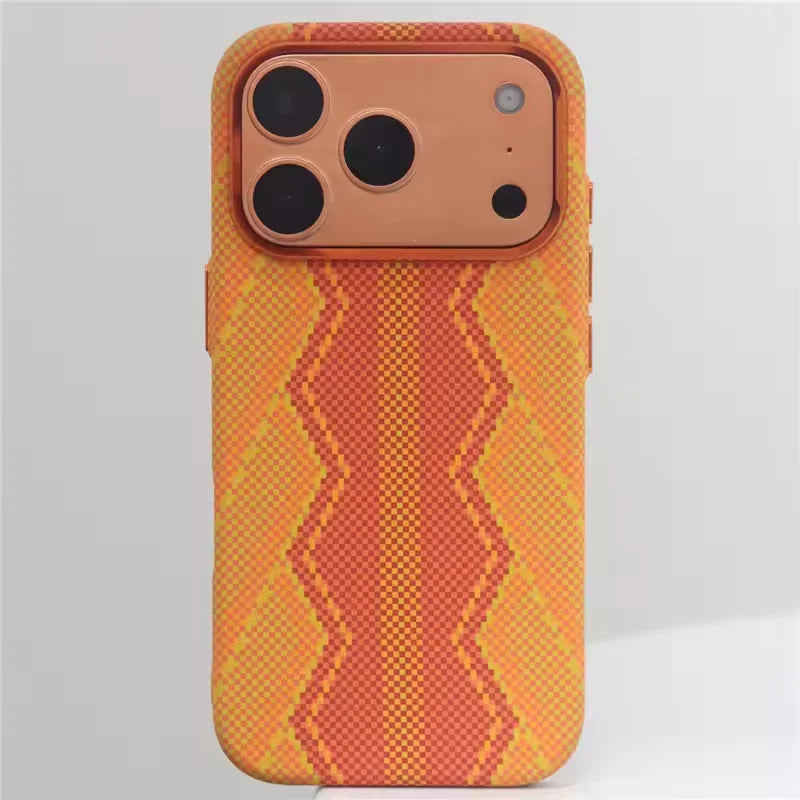 Orange Carbon Fiber Texture Alloy Lens Strong for Magsafe Phone Case for IPhone 17 Pro Max Magnetic Shockproof Hard PC Cover