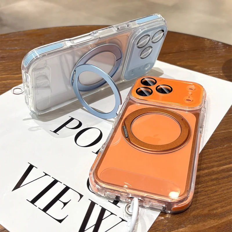 Rotating Magnetic Stand For Magsafe Clear Case For iPhone 17 16 15 14 13 Pro Max Air Wrist Strap Lanyard Wireless Charger Cover