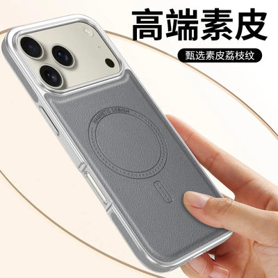 Luxury Business Electroplated Leather For Magsafe For iPhone 17 16 15 14 Pro Max Side Texture Magnetic Wireless Charging Cover