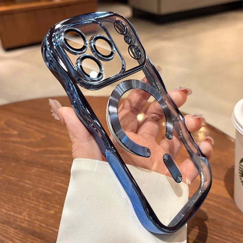 Plating Curly Wavy Transparent Magnetic Case For iPhone 17 16 14 15 13 Pro Max For Magsafe Charging Silicone Soft Bumper Cover