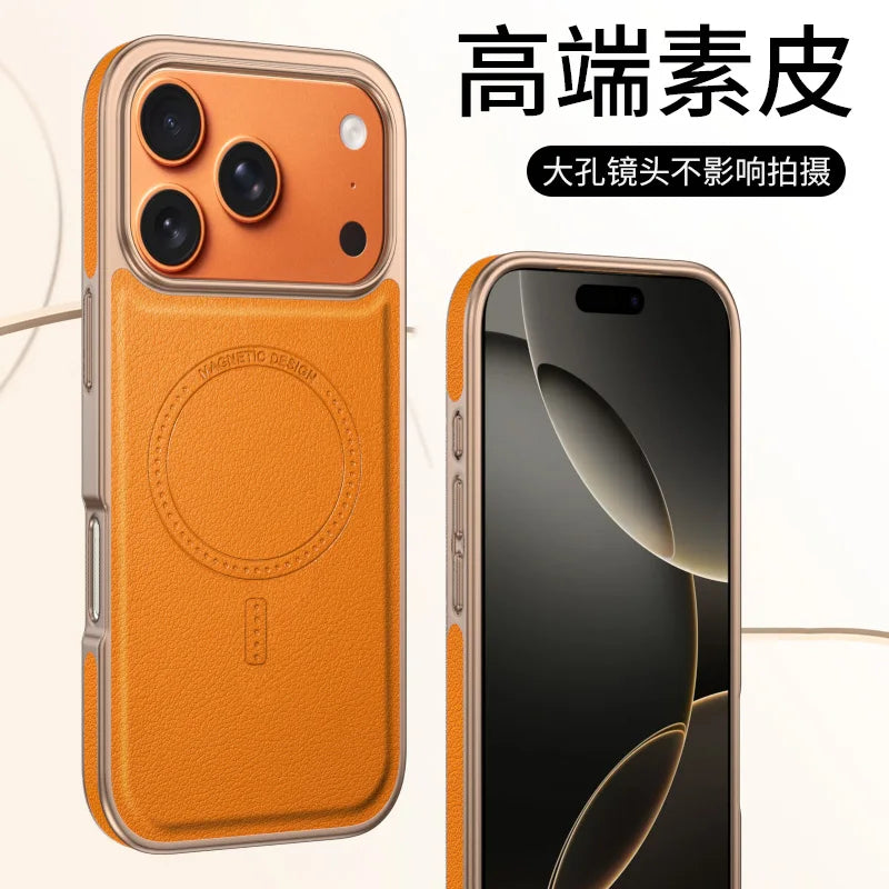 Luxury Business Electroplated Leather For Magsafe For iPhone 17 16 15 14 Pro Max Side Texture Magnetic Wireless Charging Cover