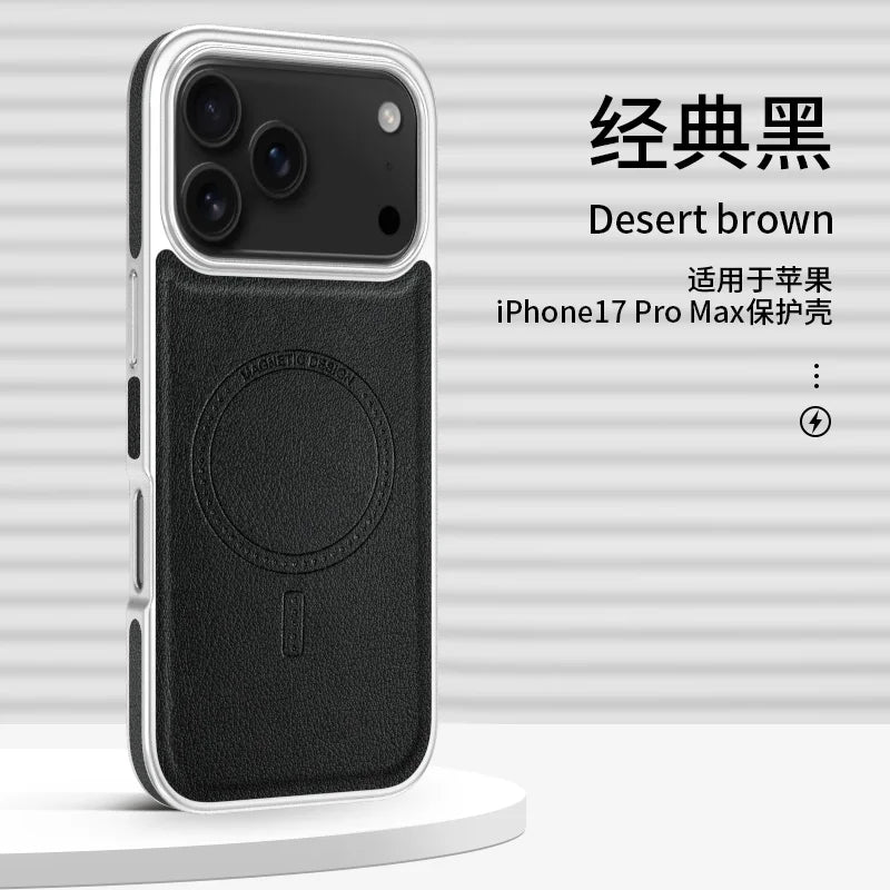 Luxury Business Electroplated Leather For Magsafe For iPhone 17 16 15 14 Pro Max Side Texture Magnetic Wireless Charging Cover