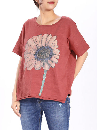 Plus Size Short Sleeve Sunflower Printed T-shirt