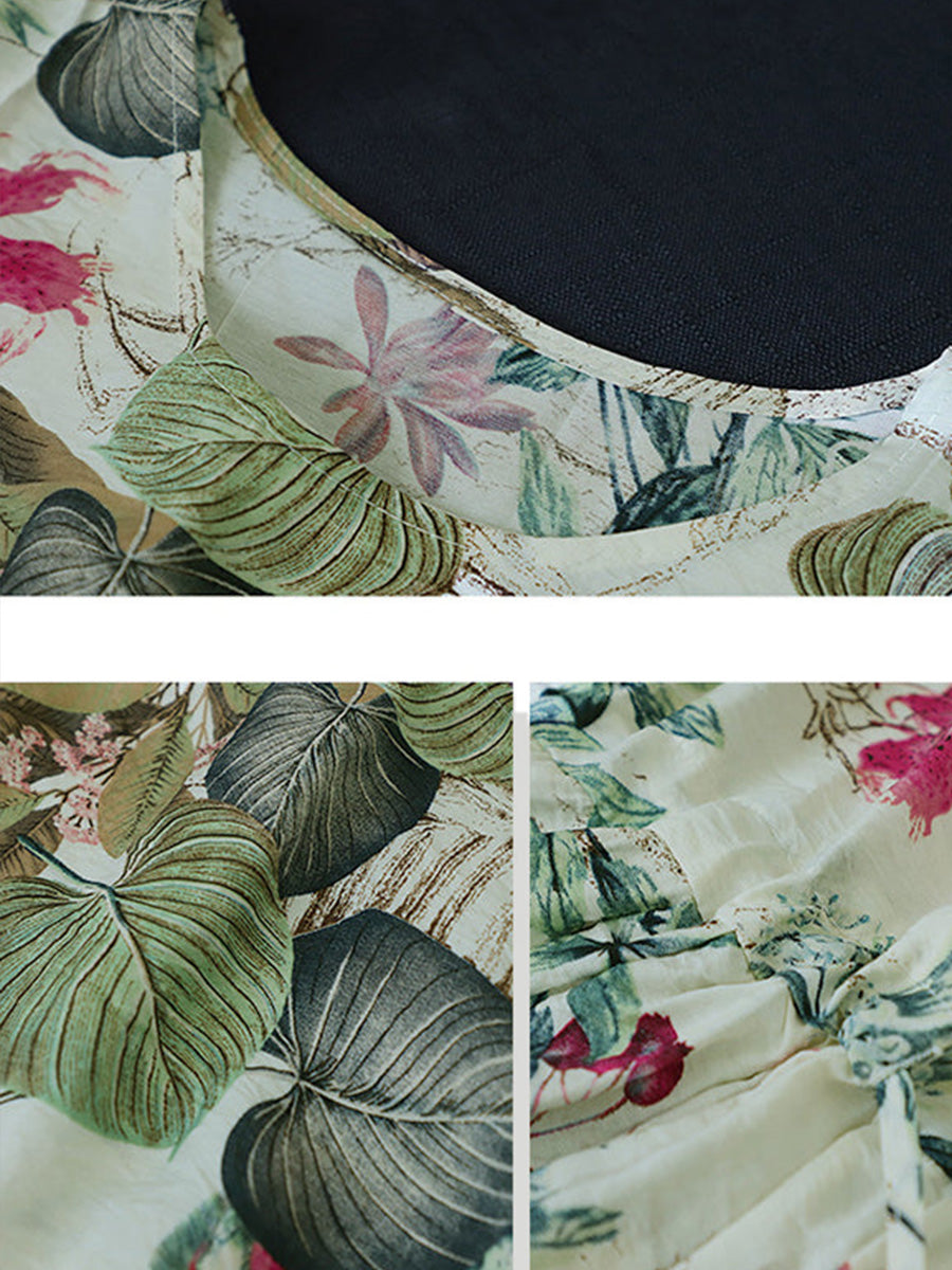 Plus Size Summer Casual Floral Printed Cotton Sleeveless Pinafore Dress