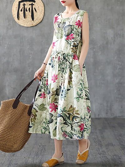 Plus Size Summer Casual Floral Printed Cotton Sleeveless Pinafore Dress