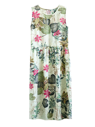 Plus Size Summer Casual Floral Printed Cotton Sleeveless Pinafore Dress