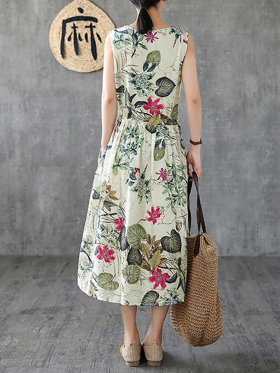 Plus Size Summer Casual Floral Printed Cotton Sleeveless Pinafore Dress