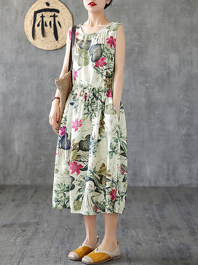 Plus Size Summer Casual Floral Printed Cotton Sleeveless Pinafore Dress