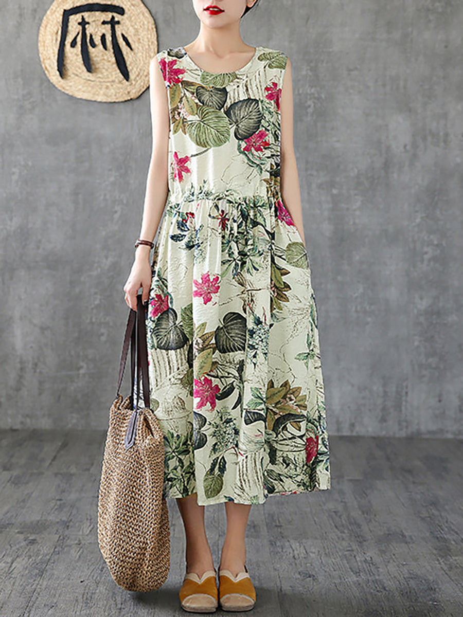 Plus Size Summer Casual Floral Printed Cotton Sleeveless Pinafore Dress