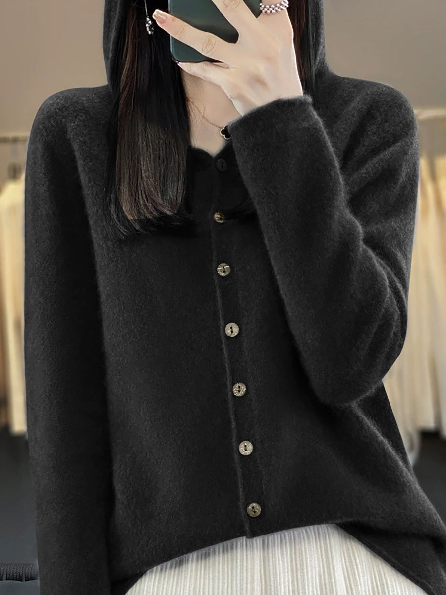 Women Autumn Casual Knitted Wool Hooded Sweater Coat