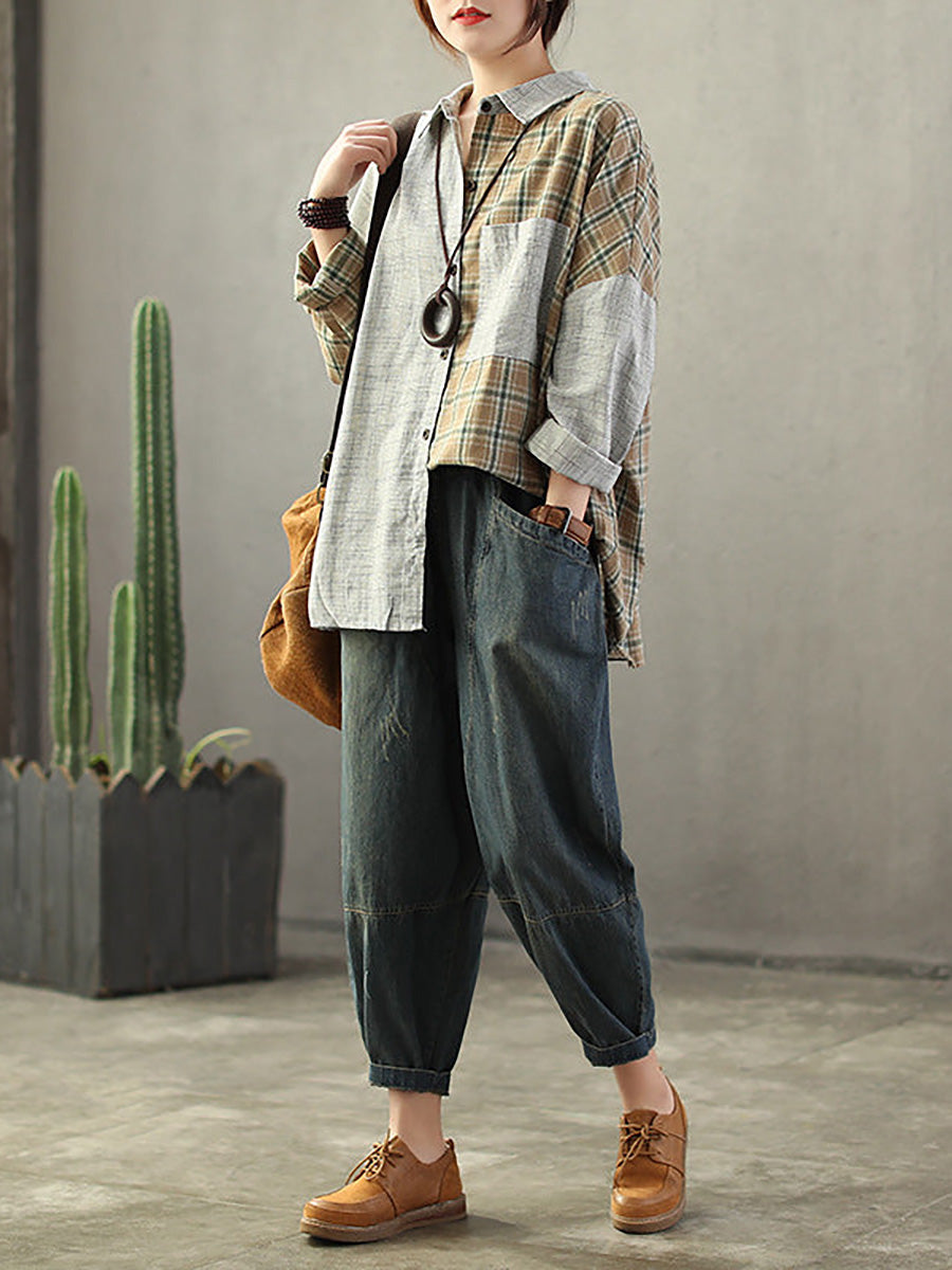 Plus Size Vintage Loose Elastic Waist Spliced Distressed Denim Jeans