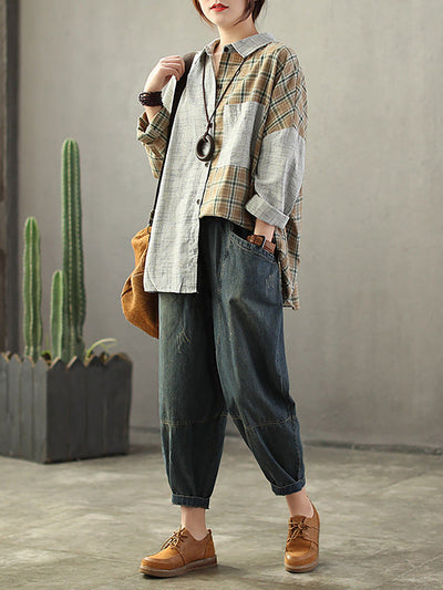 Plus Size Vintage Loose Elastic Waist Spliced Distressed Denim Jeans