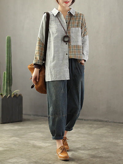 Plus Size Vintage Loose Elastic Waist Spliced Distressed Denim Jeans