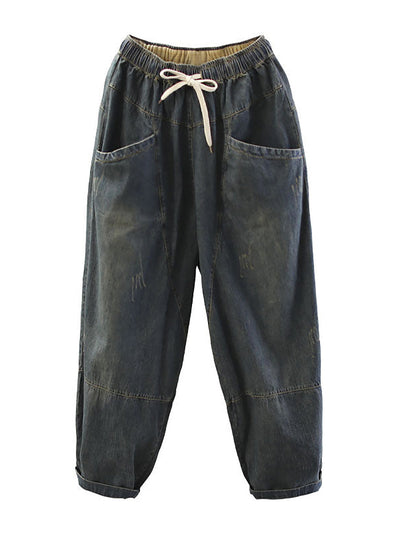 Plus Size Vintage Loose Elastic Waist Spliced Distressed Denim Jeans