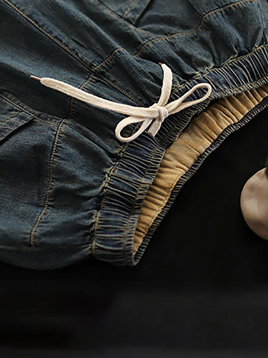 Plus Size Vintage Loose Elastic Waist Spliced Distressed Denim Jeans