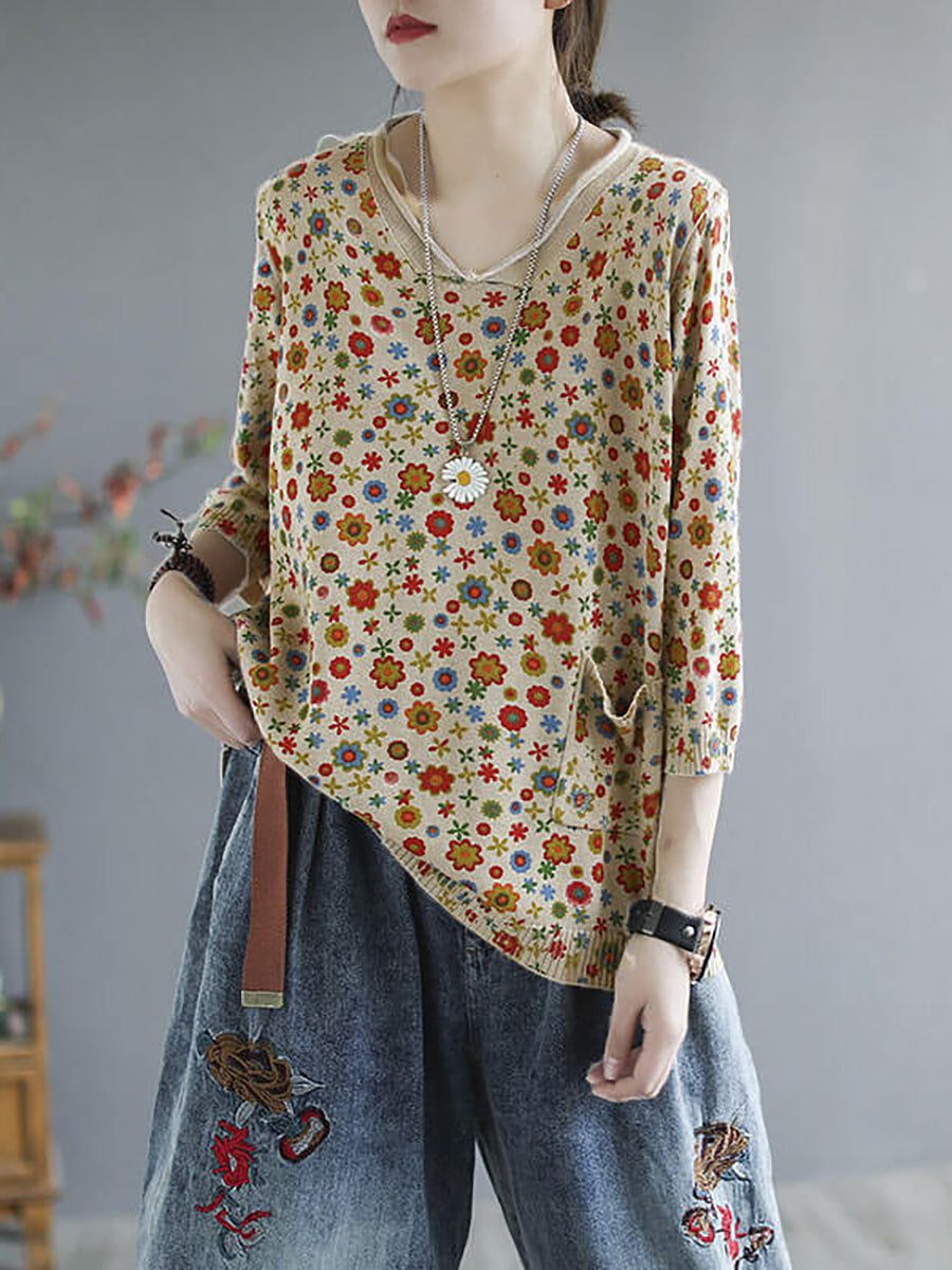 Plus Size Floral Spring Knitted Casual Print Pocket Sweater