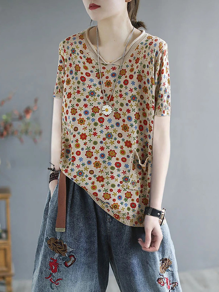Plus Size Floral Spring Knitted Casual Print Pocket Sweater