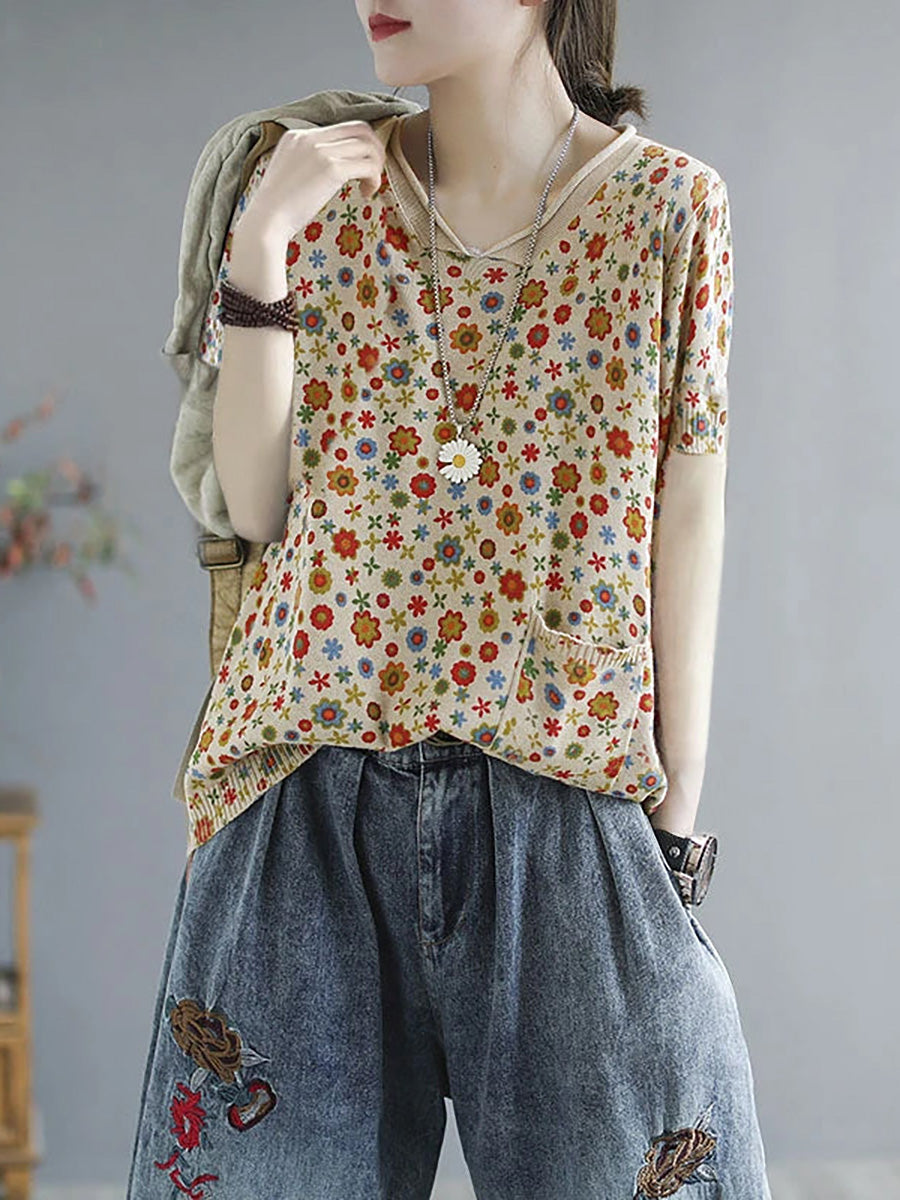 Plus Size Floral Spring Knitted Casual Print Pocket Sweater