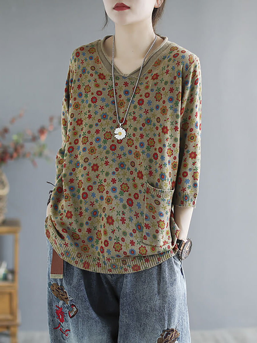 Plus Size Floral Spring Knitted Casual Print Pocket Sweater