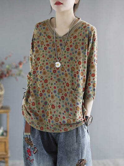 Plus Size Floral Spring Knitted Casual Print Pocket Sweater
