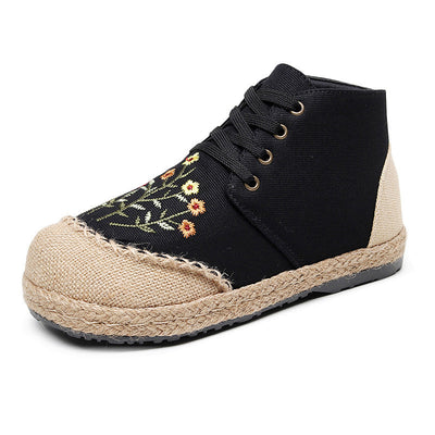 Women Vintage Embroidered Flat Lace-up Canvas Shoes