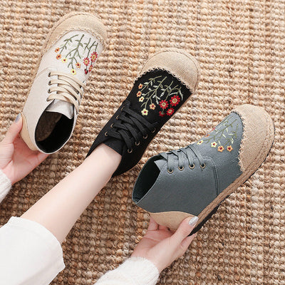 Women Vintage Embroidered Flat Lace-up Canvas Shoes