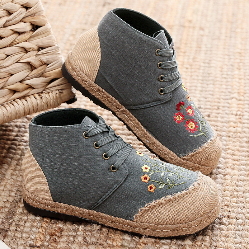 Women Vintage Embroidered Flat Lace-up Canvas Shoes