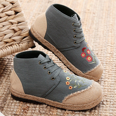 Women Vintage Embroidered Flat Lace-up Canvas Shoes