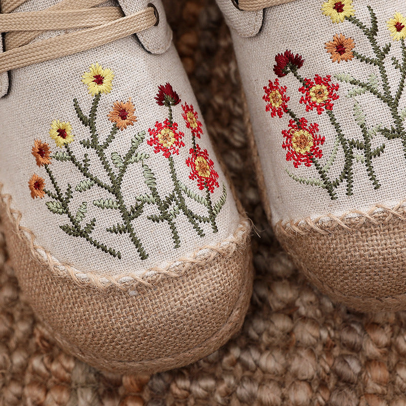 Women Vintage Embroidered Flat Lace-up Canvas Shoes