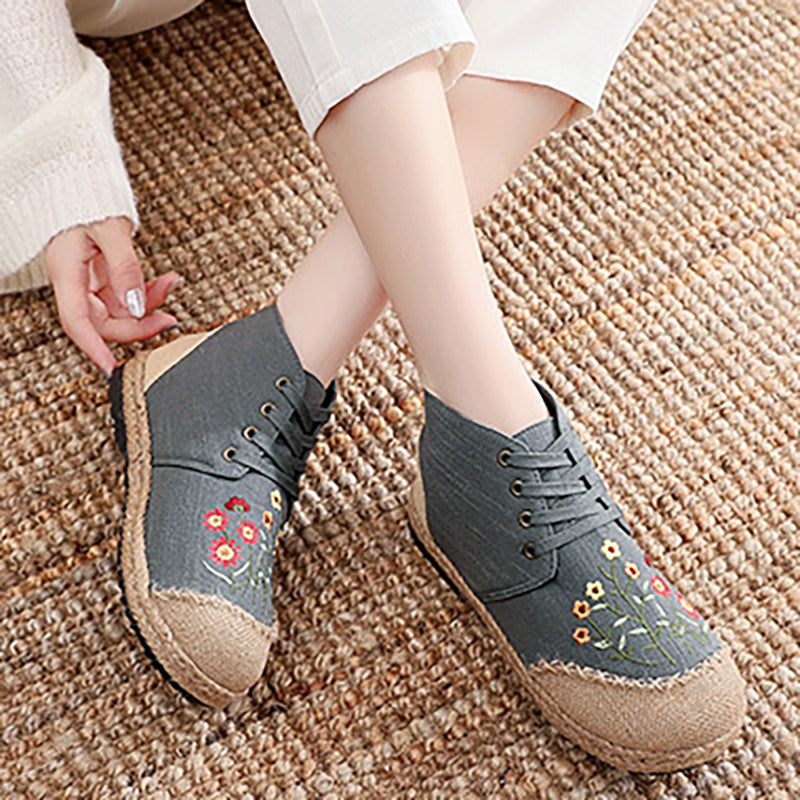 Women Vintage Embroidered Flat Lace-up Canvas Shoes