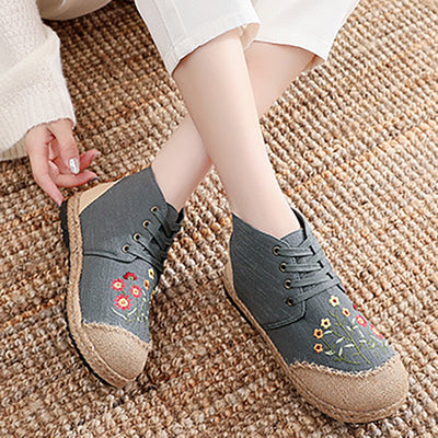 Women Vintage Embroidered Flat Lace-up Canvas Shoes