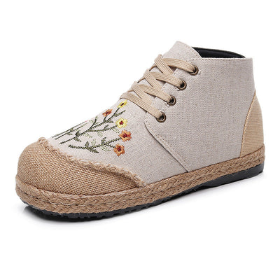 Women Vintage Embroidered Flat Lace-up Canvas Shoes