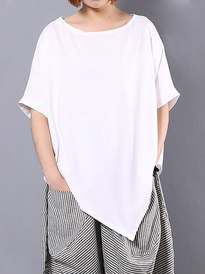 Plus Size Women Irregular Loose 100% Cotton T-Shirt