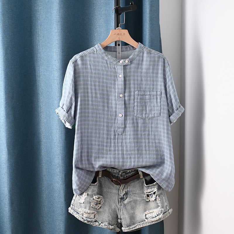 Women Summer Plaid Stand Collar 100%Cotton Shirt