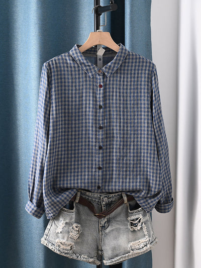 Women Autumn Plaid Turn-down Collar 100%Cotton Shirt