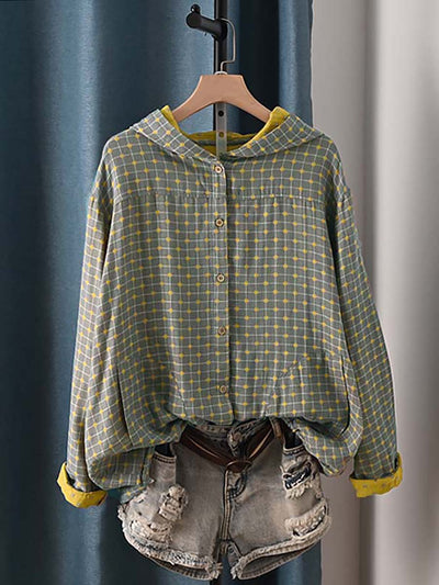 Plus Size Women Autumn Vintage Plaid Hooded 100%Cotton Shirt