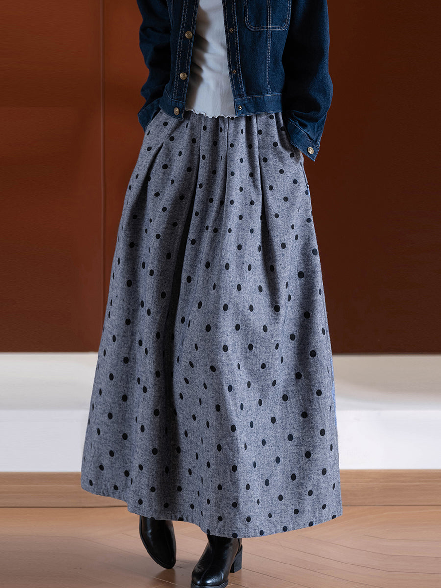Women Autumn Vintage Dot 100%Cotton Skirt