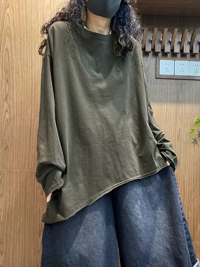 Plus Size Women Autumn Casual Pure Color 100%Cotton O-Neck Shirt