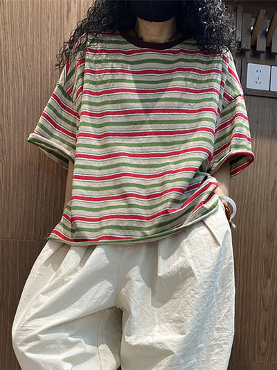 Plus Size Women Summer Casual Stripe O-Neck Cotton Shirt