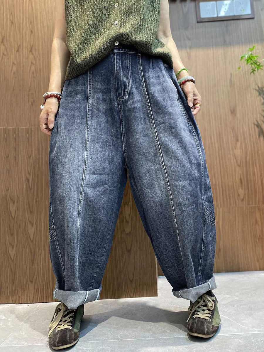 Women Autumn Retro Pure Color Denim Spliced Harem Pants