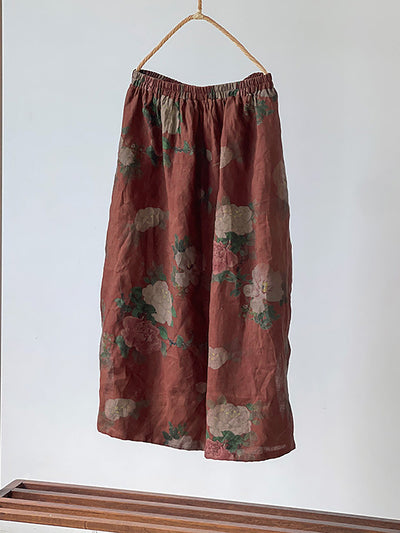 Plus Size Women Summer Vintage Flower Loose 100%Linen Skirt