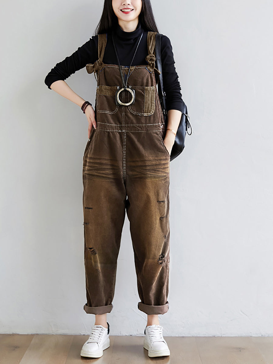 Women Retro Colorblock Autumn Denim Jumpsuits