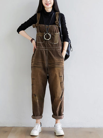 Women Retro Colorblock Autumn Denim Jumpsuits
