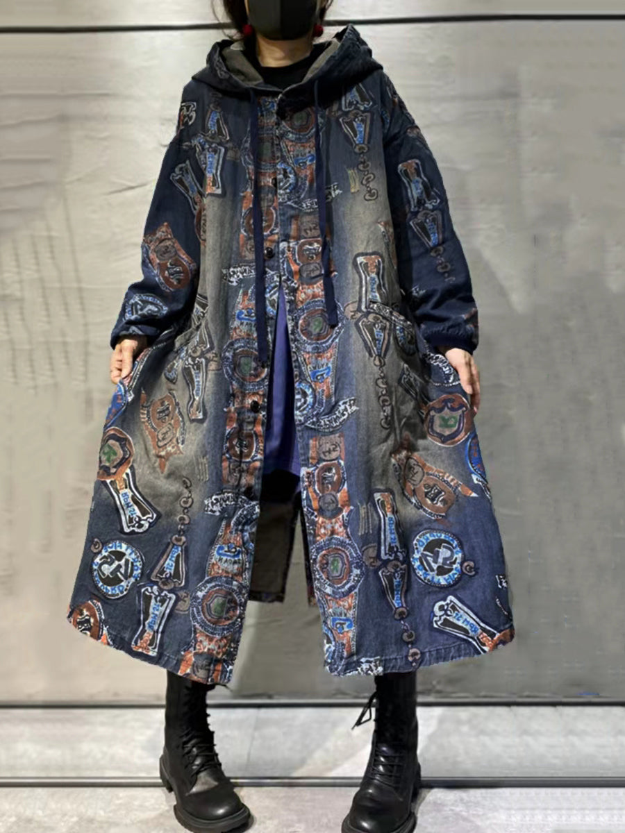 Women Autumn Vintage Flower Hooded Denim Long Coat