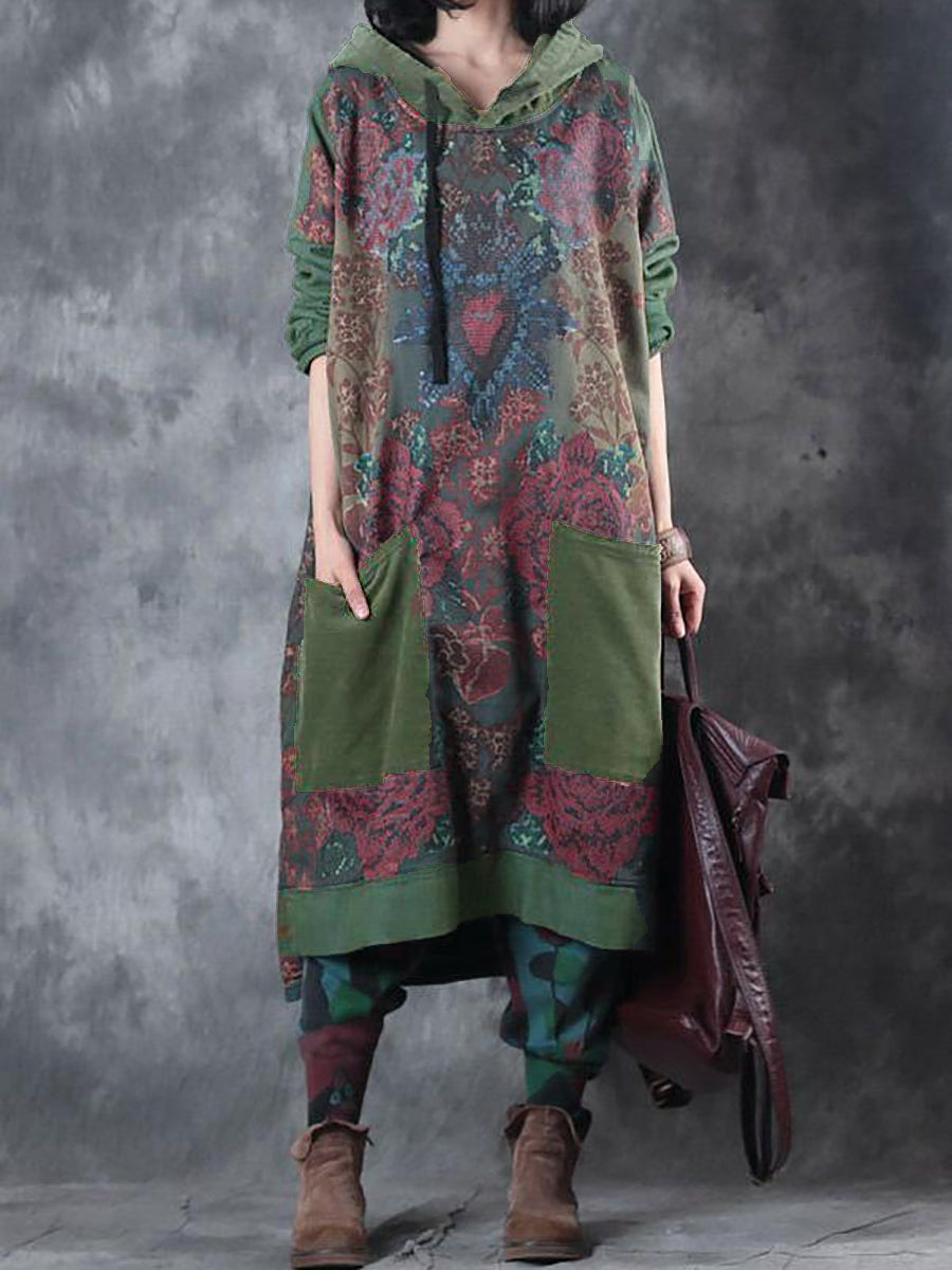 Women Spring Vintage Flower Spliced Hooded Dress