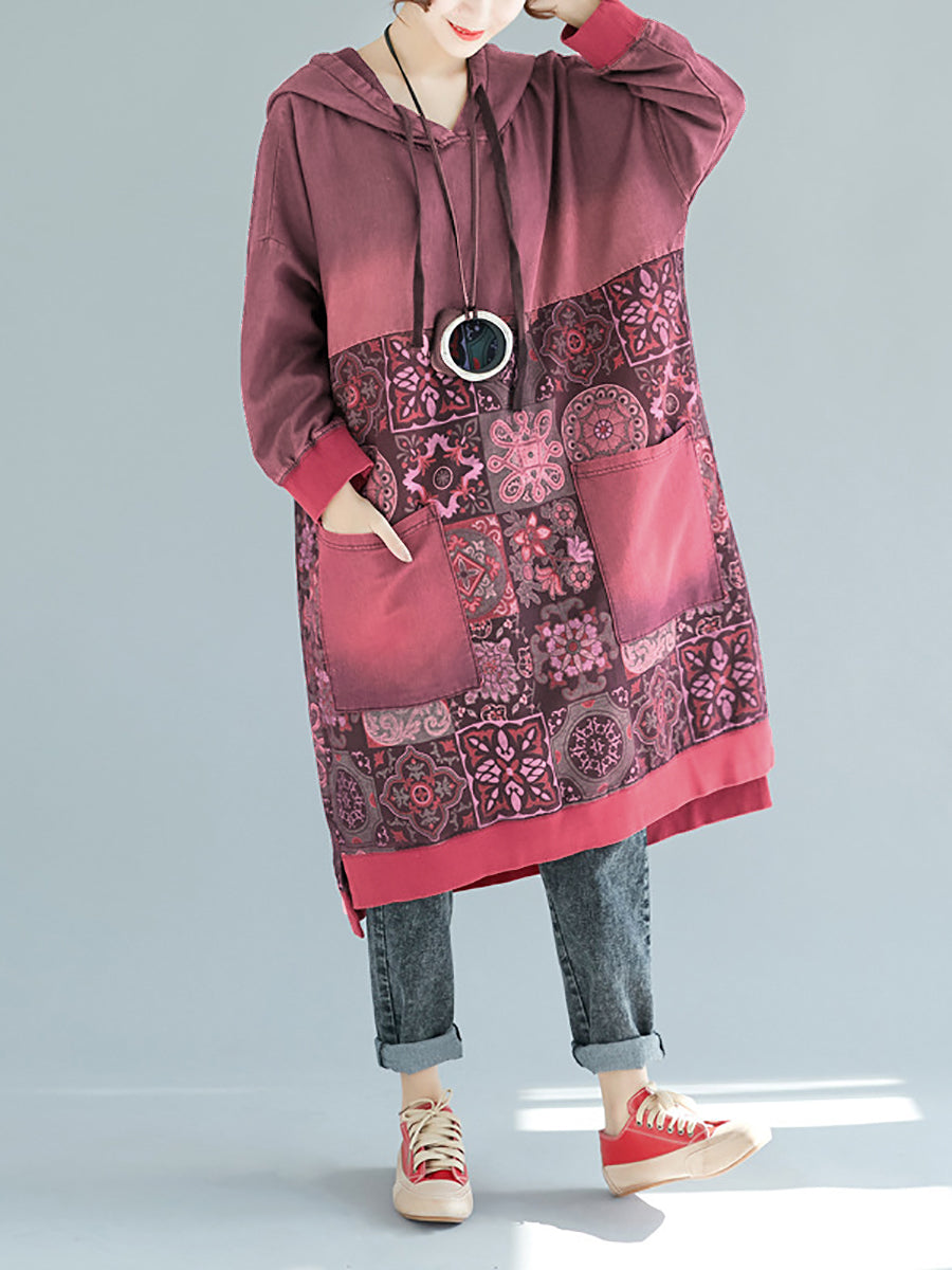 Women Vintage Flower Spliced Loose Hooded Dress